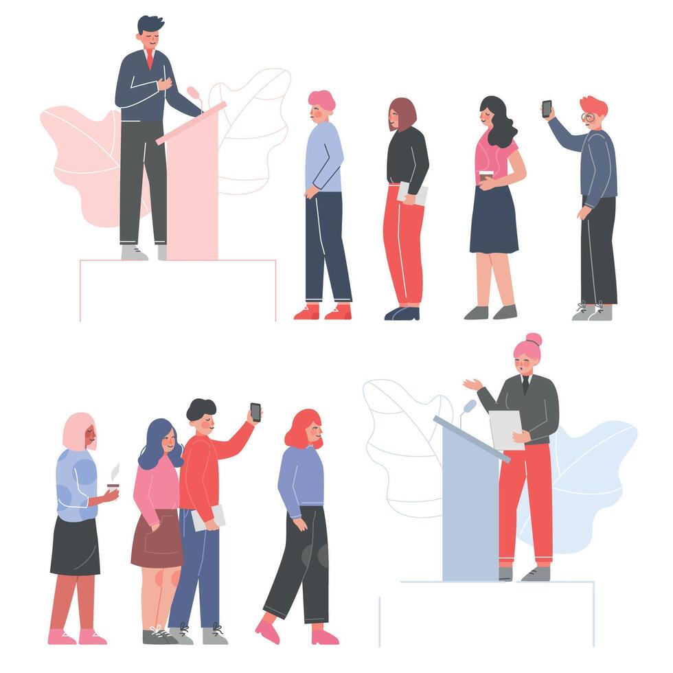 Politician Standing Behind Rostrum and Giving Speech Set, Public Speakers Giving Talk in front of Audience at Business Conference Illustration vector