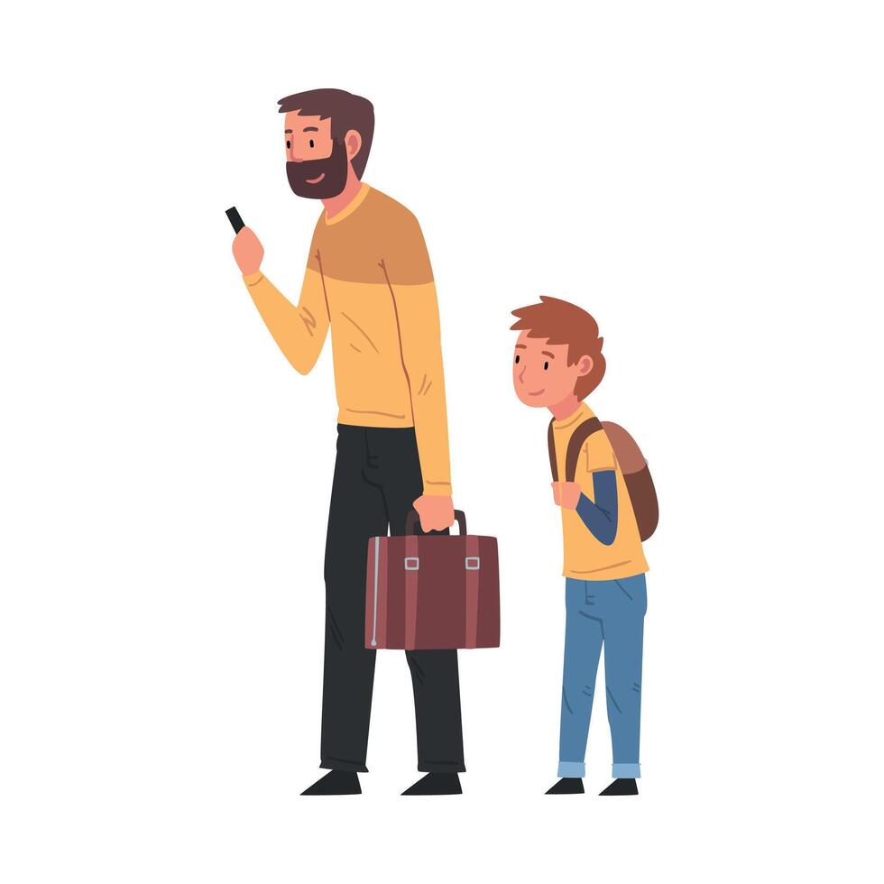 Bearded Man with Briefcase Traveling with His Son, Tourist Calling Taxi Car or Using Mobile Taxi Call Application Illustration vector