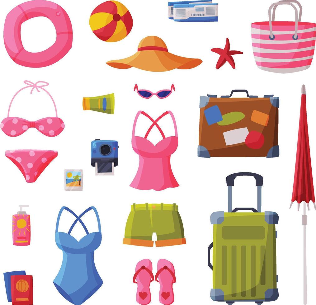 Summer Vacation Objects Collection, Swimsuit, Suitcase, Shorts, Flip Flops, Beach Bag, Straw Hat, Beach Umbrella, Traveling and Tourism Illustration on White Background vector