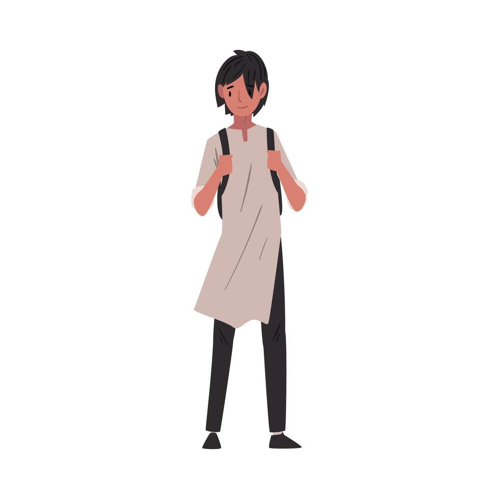 Guy in Casual Clothes Standing with Backpack, International College or University Student Character Illustration vector