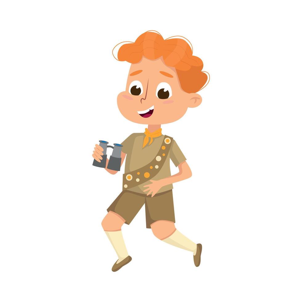 Scout Boy with Binoculars, Cute Scouting Elementary School Child Character in Uniform, Summer Holiday Activities Concept Cartoon Style Illustration vector