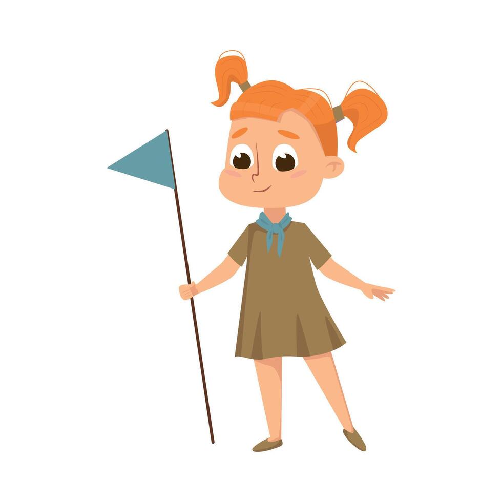 Cute Scout Girl with Flag, Scouting Child Character in Uniform, Summer Holiday Activities Concept Cartoon Style Illustration vector