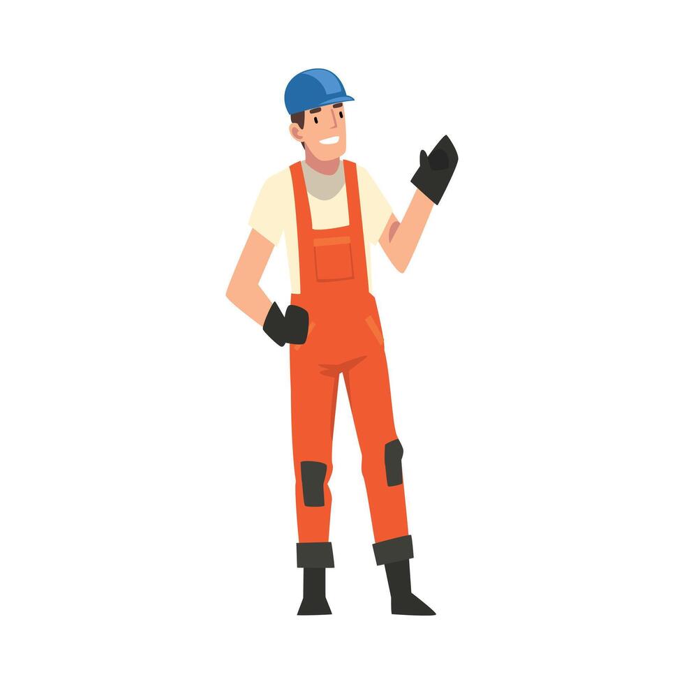 Cheerful Construction Worker, Male Builder Character Wearing Uniform and Protective Helmet Building House Cartoon Illustration vector