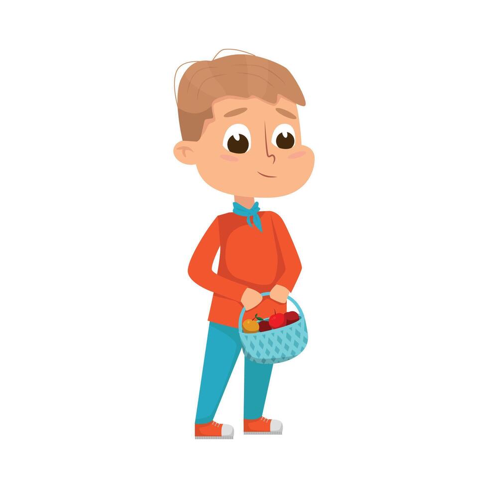 Cute Boy Holding Basket of Ripe Apples, Little Kid Farmer Character Working in Garden Cartoon Style Illustration vector