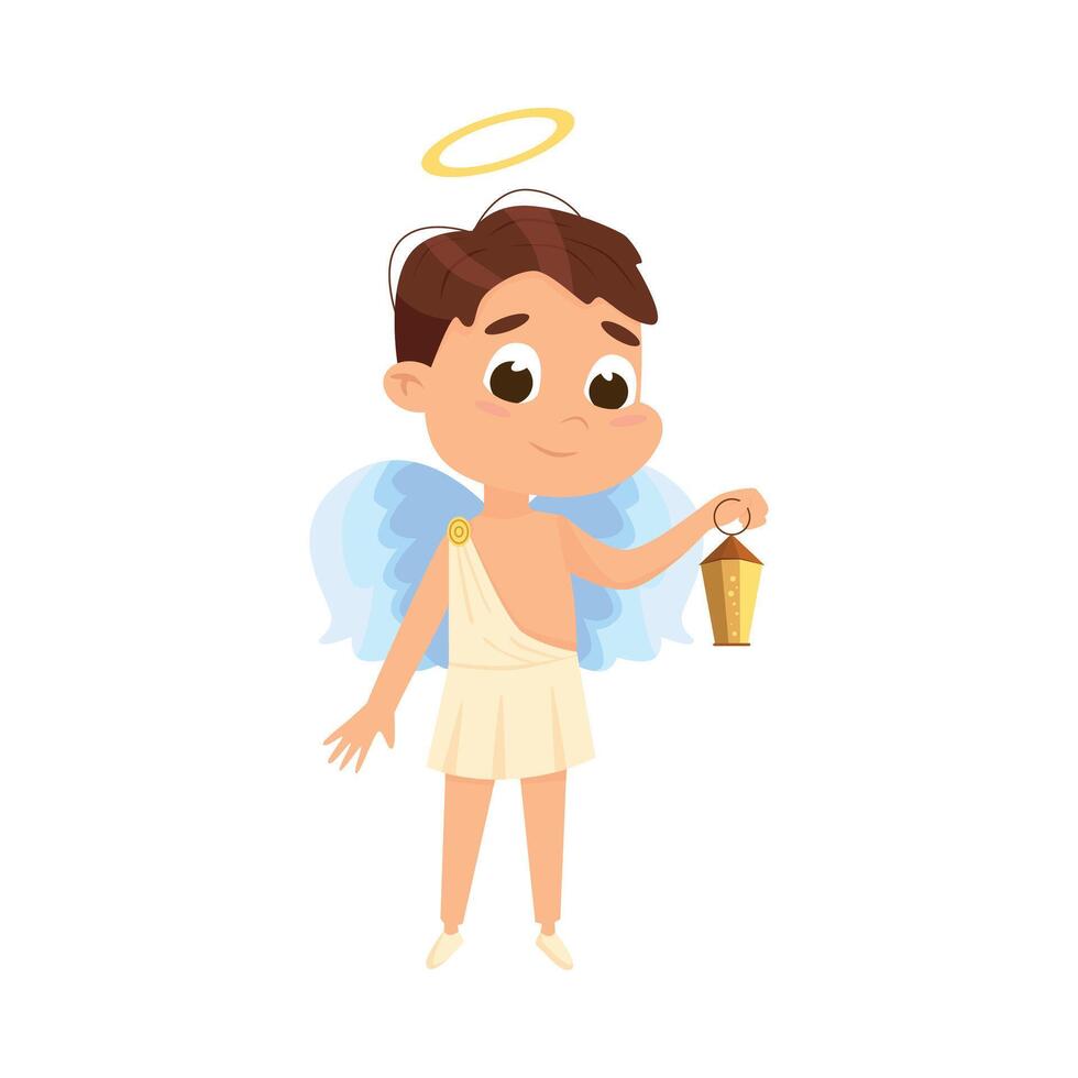 Cute Baby Angel with Lantern, Angelic Boy with Wings and Halo Cartoon Style Illustration vector