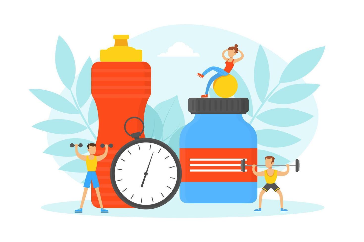 Tiny People Doing Exercises in Gym with Sports Equipment and Nutrition Supplements, Fitness Class, Healthy Lifestyle Concept Illustration vector