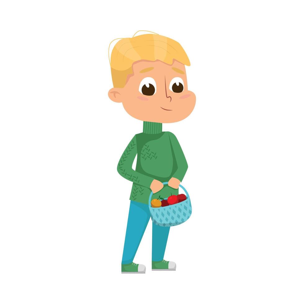 Cute Boy Holding Basket Full of Ripe Apples, Autumn Season Outdoor Activity Cartoon Style Illustration vector
