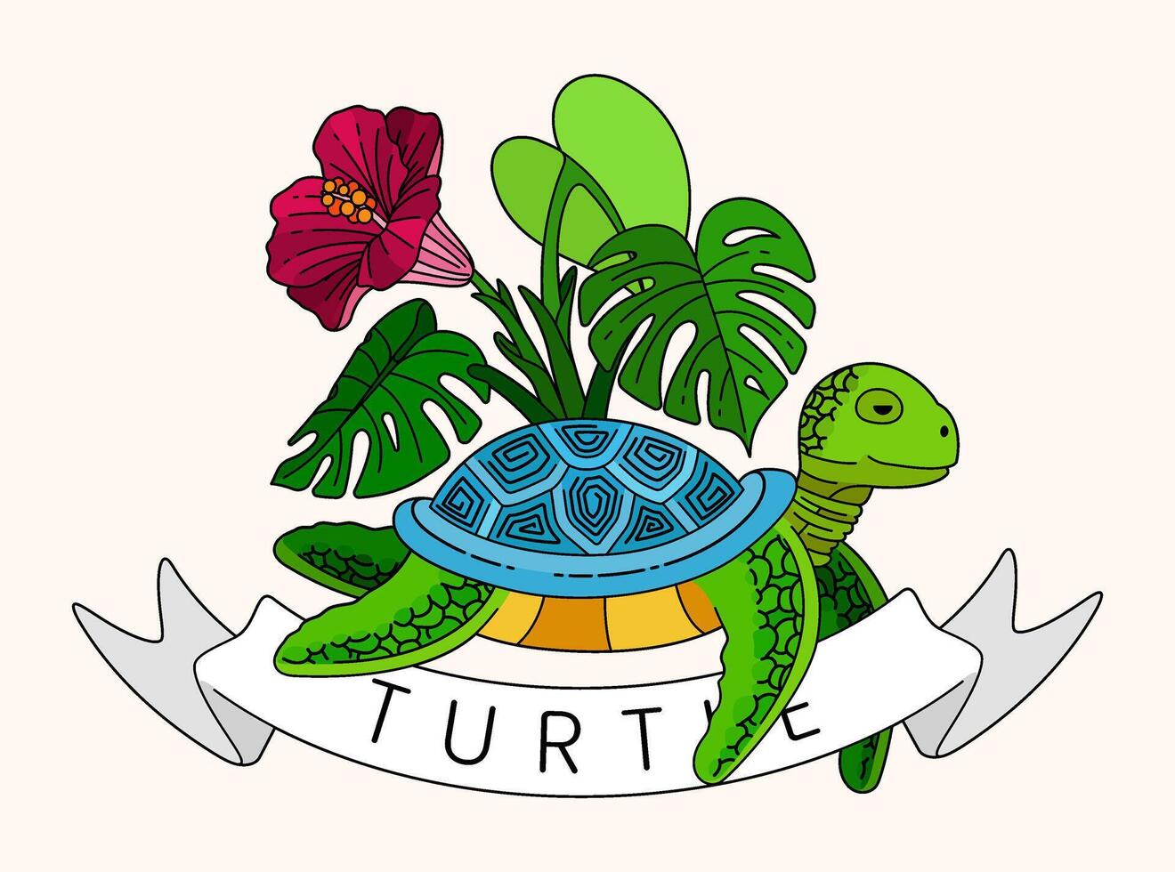Turtle illustration in vintage line art style with taro leaves, monstera, and hibiscus flowers, capturing the essence of tropical summer beach life. Perfect for summer cards, posters, websites vector