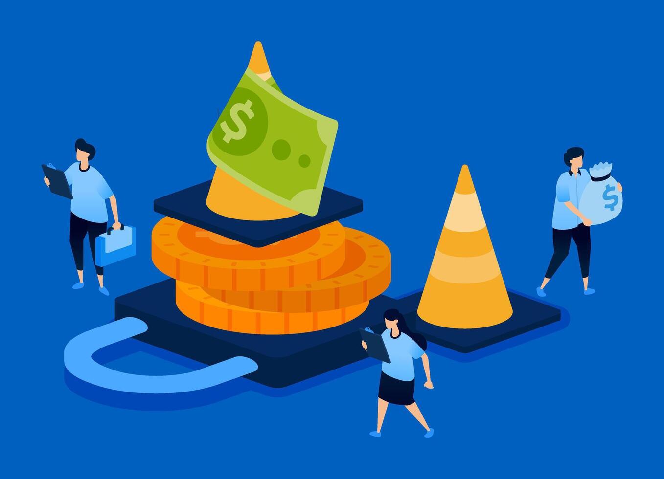 Illustration depicting financial maintenance with warning cones on piles of money, great for risk management tools, finance blogs, investor alerts, and banking cautionary messages. vector