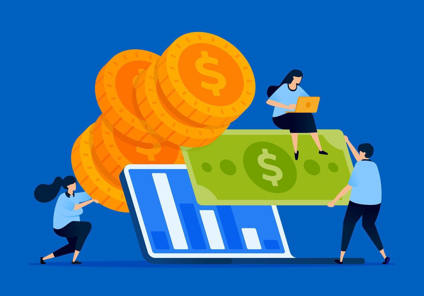 Illustration of a laptop analyzing finances for loan applications with progressive interest rates, designed for fintech platforms, loan services, and financial education websites vector