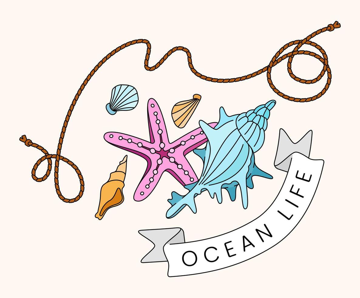 Vintage line illustration of sea animals and ocean life featuring starfish, shellfish, and coral in a summer beach holiday theme with classic style. Perfect for summer cards, posters, websites vector