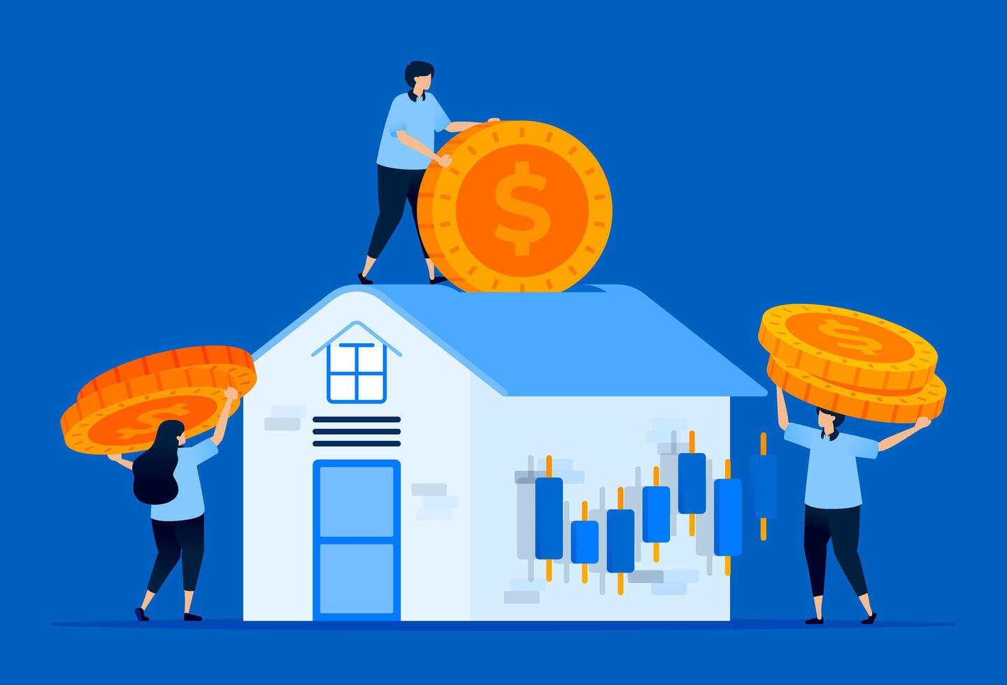 Illustration of house price fluctuations and secondary markets with houses and candlesticks representing mortgage and stock investments, designed for real estate and finance websites vector
