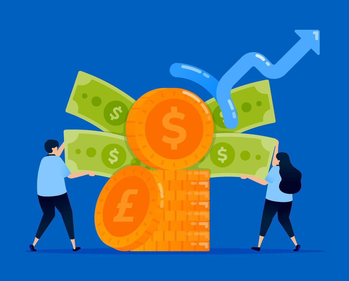 Illustration of people withdrawing money from piles of investment funds with rising rates, designed for investment platforms, financial blogs, and banking services vector