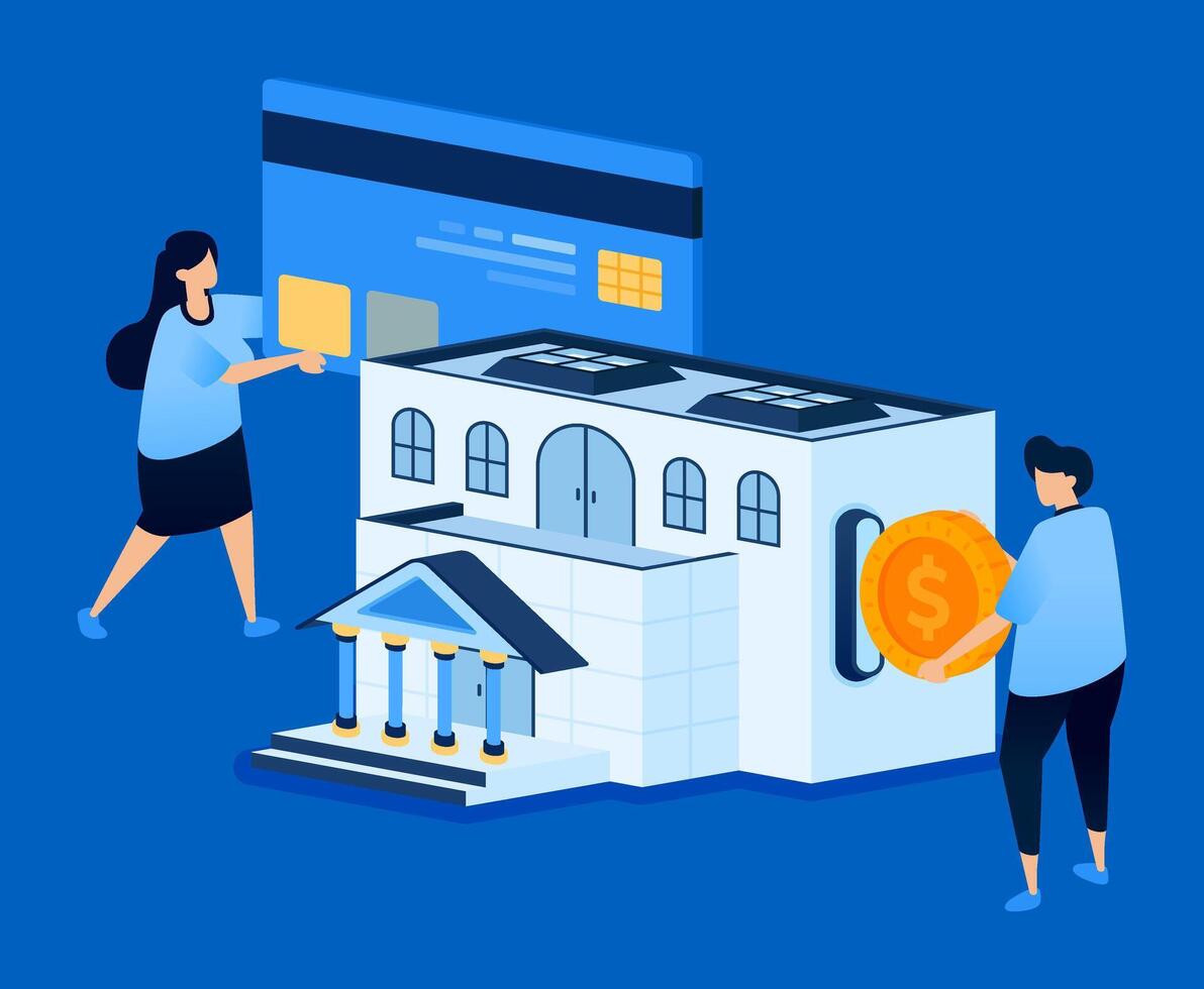 Illustration of a central bank building with people applying for low-interest credit card loans and withdrawing money, designed for banking websites, fintech apps, and loan services vector