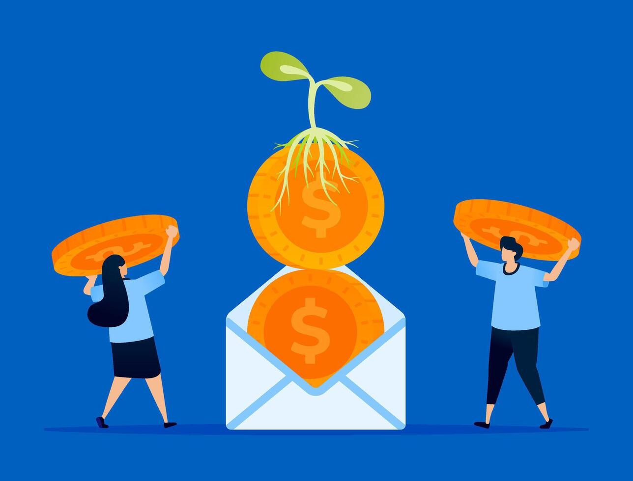 Illustration of letters containing money overgrown with plant, representing investment growth notifications in the financial sector. Can be used for fintech apps, financial newsletters, and investment vector