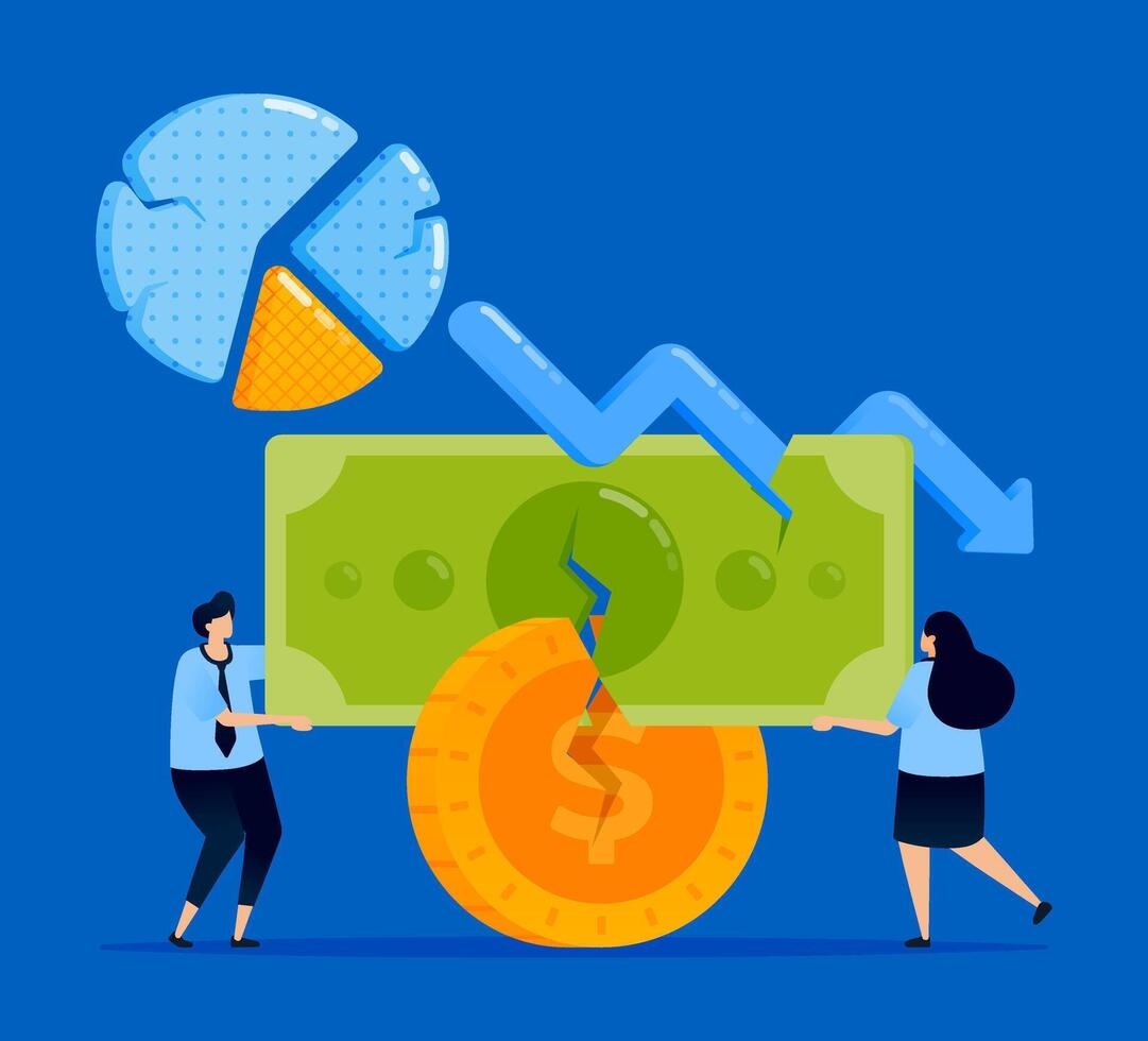 Illustration of a down arrow with people forcibly withdrawing money and damaged cash, symbolizing a broken financial system and economic recession, designed for finance alerts and blogs vector
