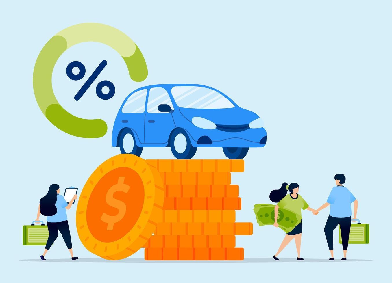 Illustration of cars on piles of money symbolizing down payments and low-interest loans for vehicle financing. Can be used for auto loan platforms, finance blogs, and banking websites. vector