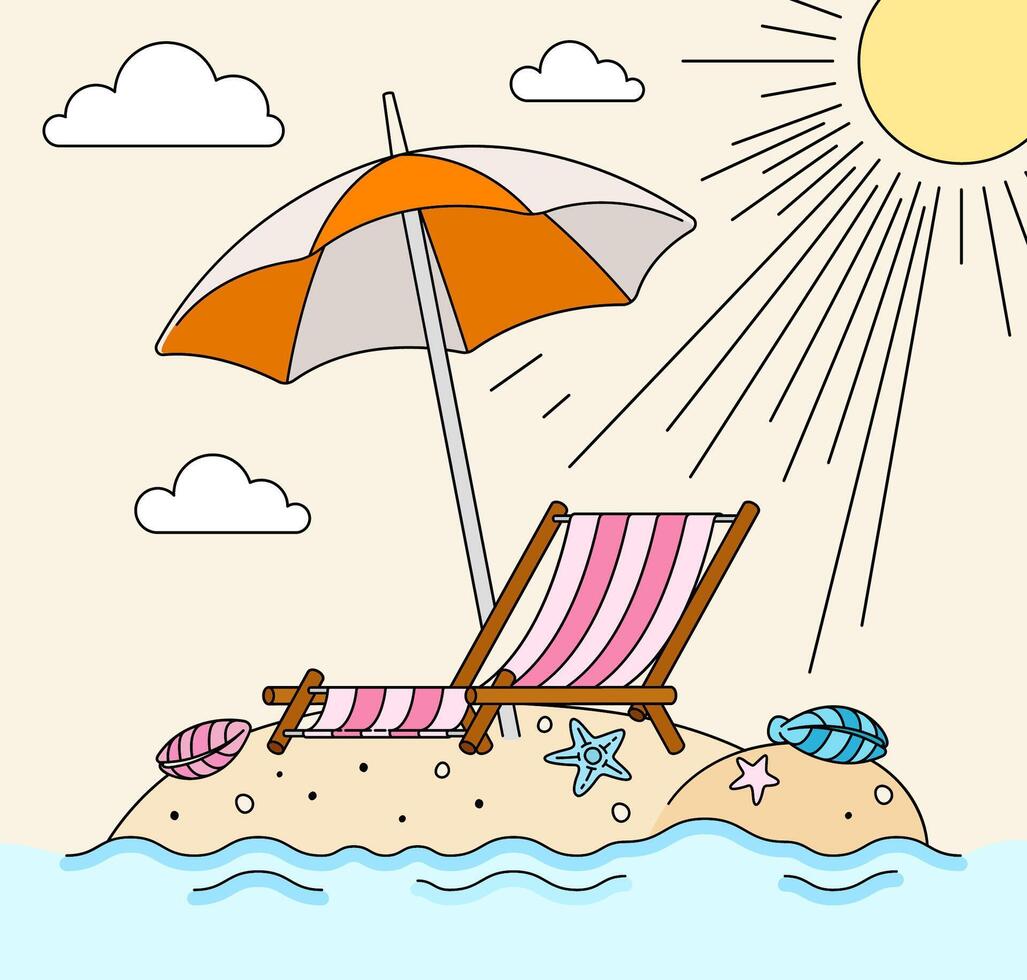 Beach Chair Surrounded by Sand and Marine Life Like Starfish and Shells, Shielded Under an Umbrella from the Scorching Sun on a Tropical Summer Beach. Can be used for tourism marketing websites, ads vector