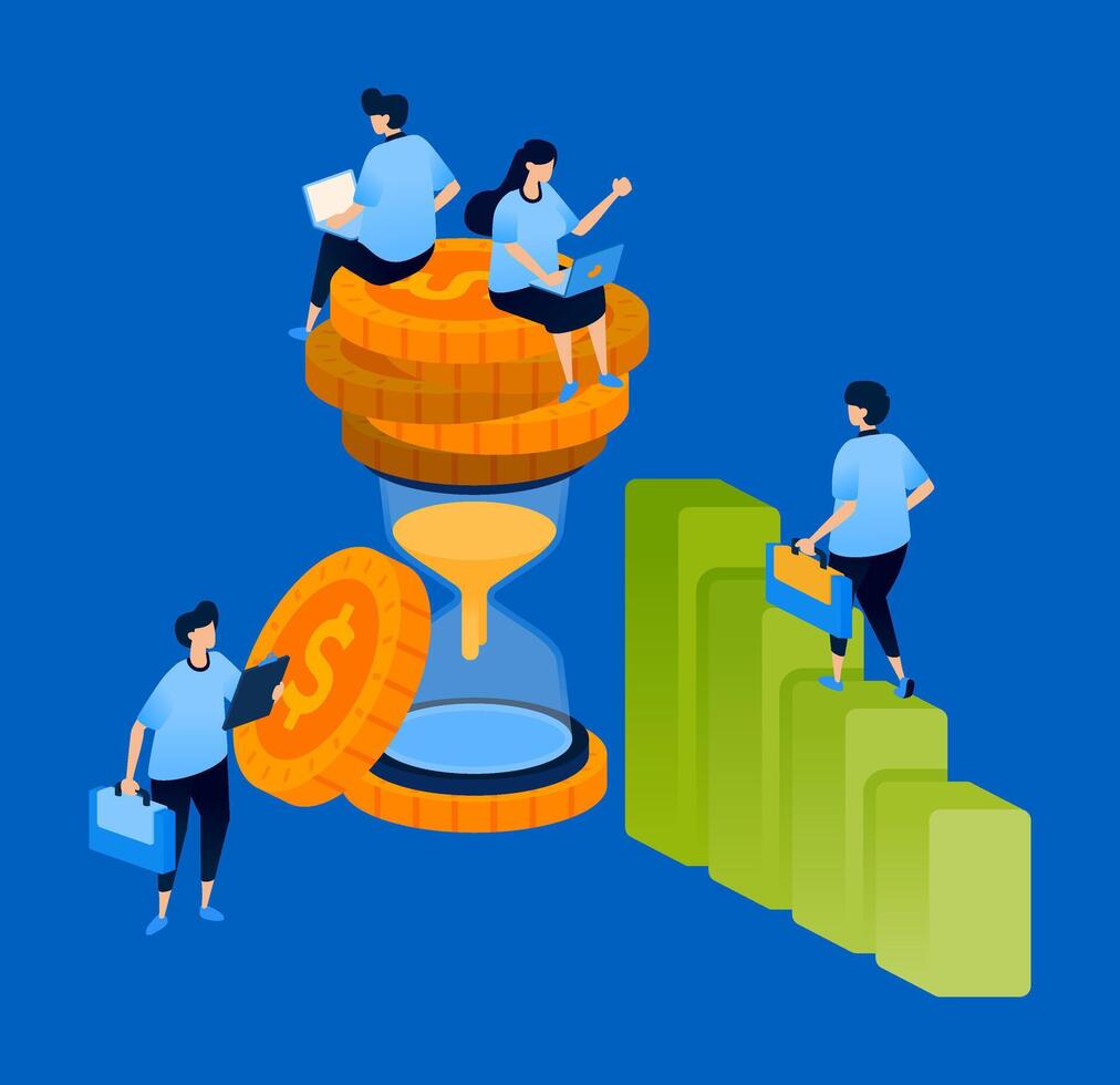Illustration of an hourglass and upward bar chart symbolizing slowly rising investment over time. Can be used for finance apps, investment blogs, and economic growth reports. vector
