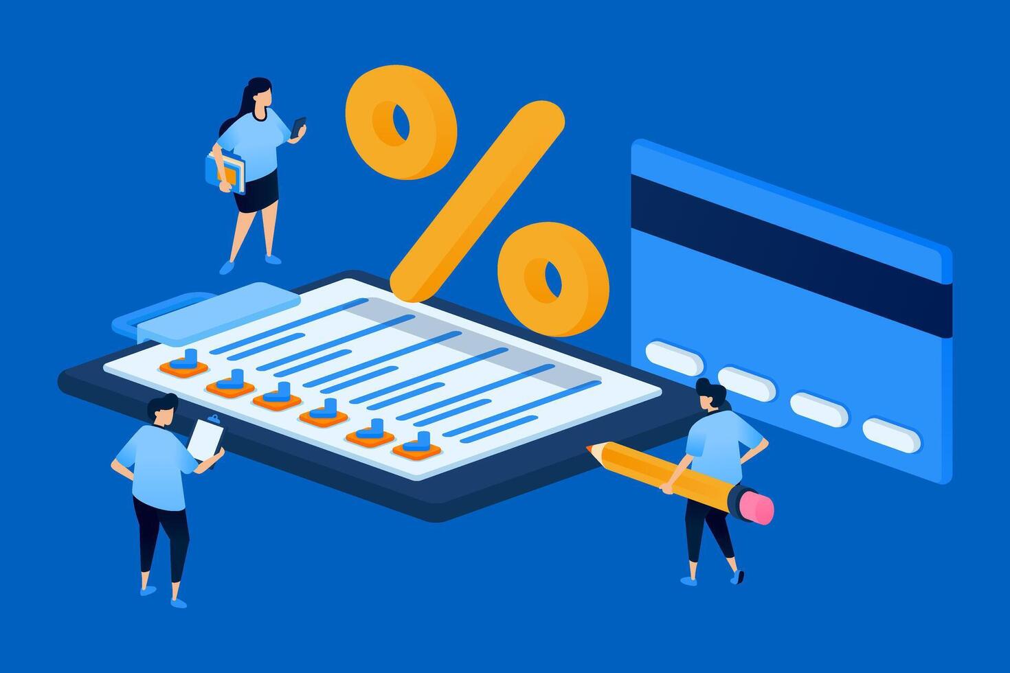 Illustration of a checklist for credit card application approval, designed for banking apps, loan services, financial advisors, and personal finance educational materials. vector