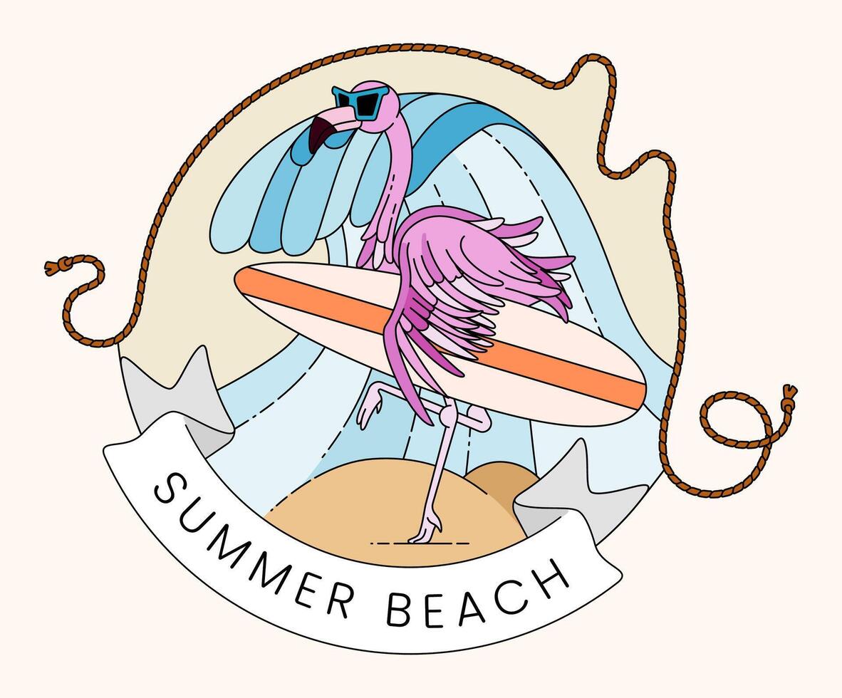Dynamic vintage line illustration of a flamingo surfing waves on a sunny summer beach holiday, capturing adventurous tropical vibes. Perfect for summer cards, posters, websites, merchandise, decor vector