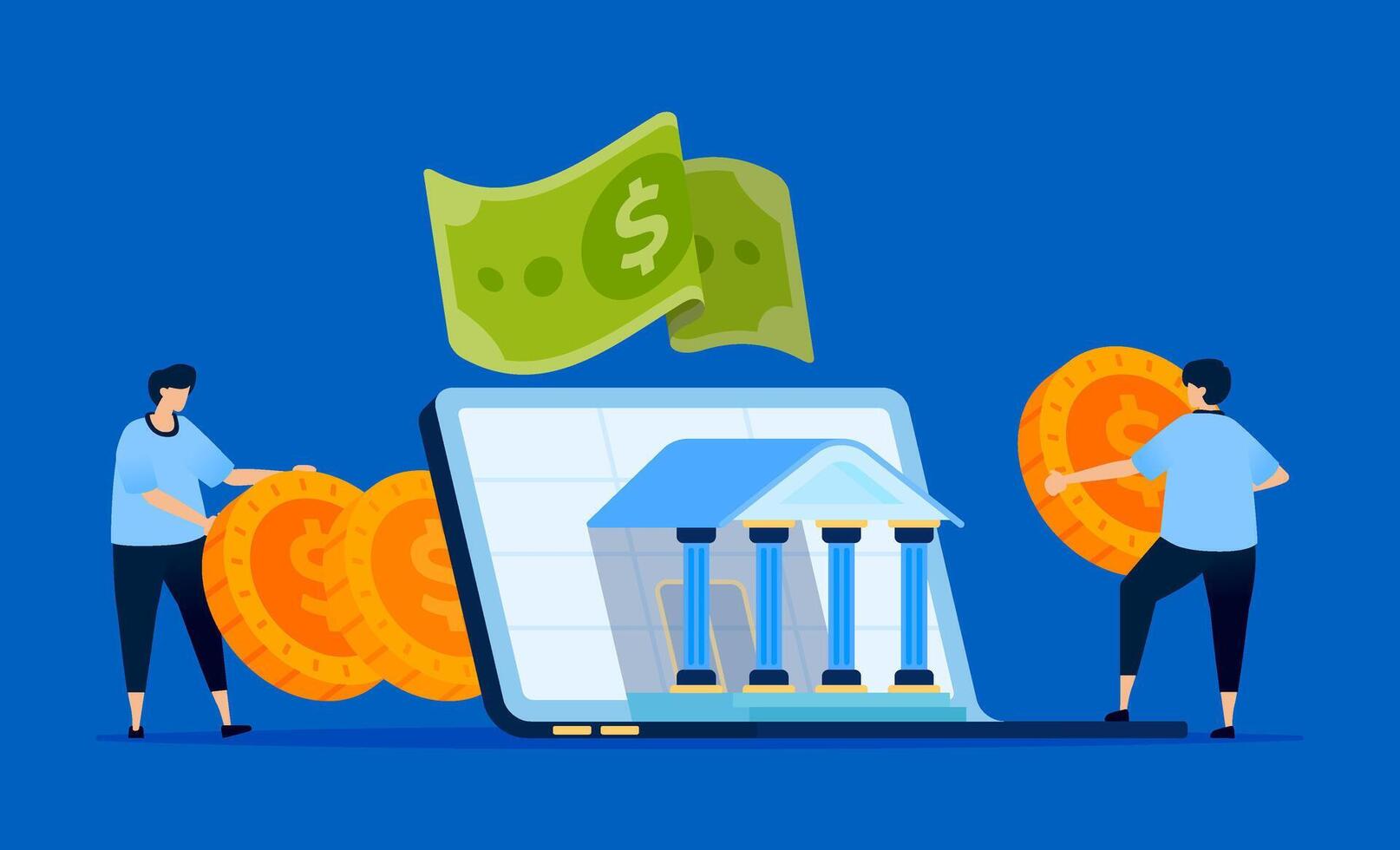 Illustration of fintech and digital banking with laptops emerging from a central bank building, representing modern finance. Can be used for fintech platforms, banking websites, and tech blogs. vector