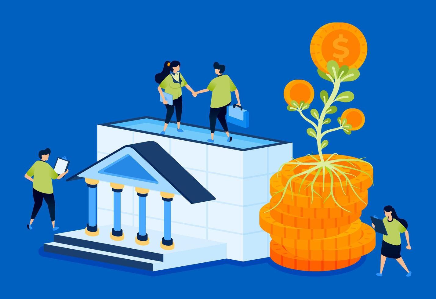 Illustration of a bank building with piles of money growing plants and flowers, symbolizing investment growth. Suitable for finance websites, banking apps, and eco-friendly campaigns. vector