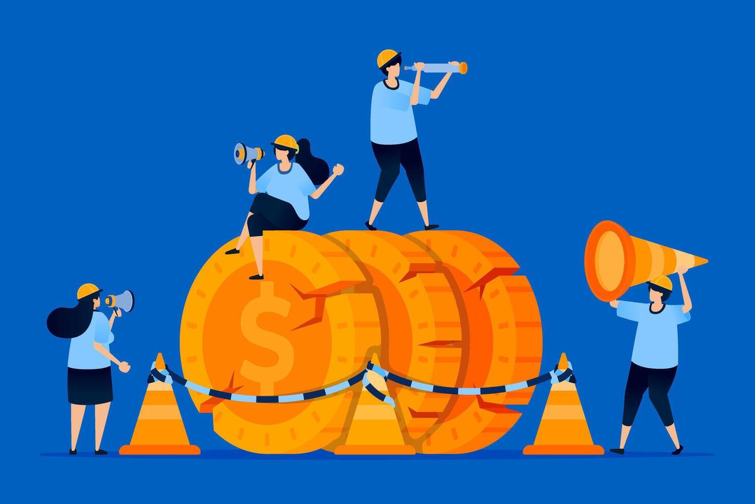 Illustration of damaged money with a yellow cone and rope, symbolizing financial warning and risks from bad investments. Can be used for risk management content, finance blogs, and investor alerts vector
