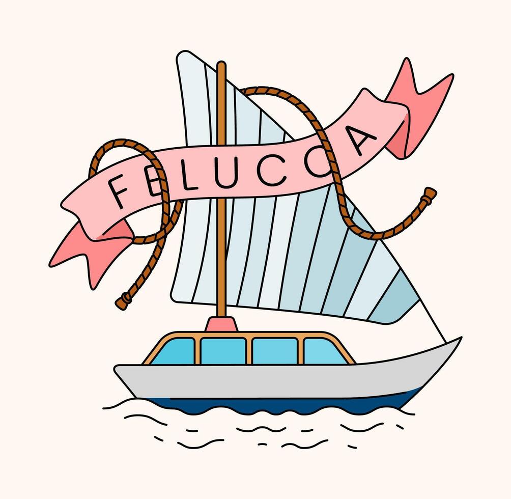 Felucca boat sailing close to the beach in a vintage line art style, reflecting calm summer seaside holiday moments. Perfect for summer cards, posters, websites, merchandise, decor vector