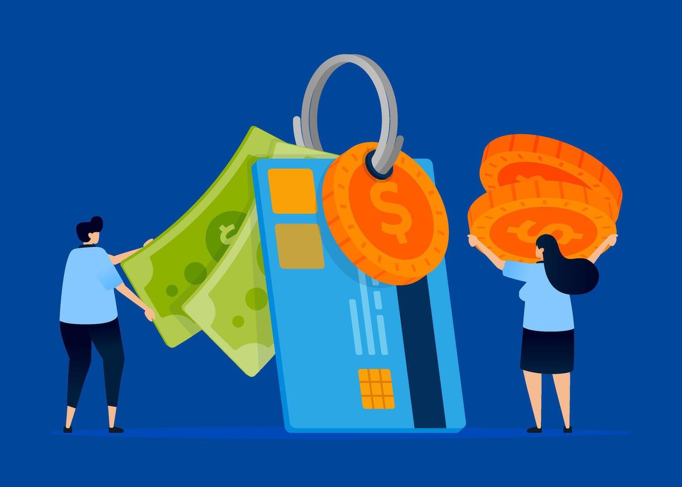 Illustration of people tying paper money, coins, and credit cards, symbolizing maintaining and guarding expenses in finance. Can be used for budgeting apps, finance advisors, and banking sites vector