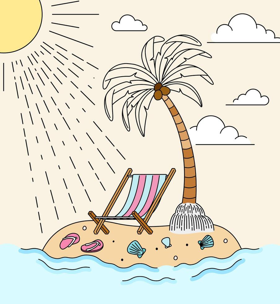 Beach Chair and Coconut Trees in the Middle of the Ocean with Scorching Sun on a Summer Day. Can be used for tourism marketing websites, promotions, holiday destination ads vector