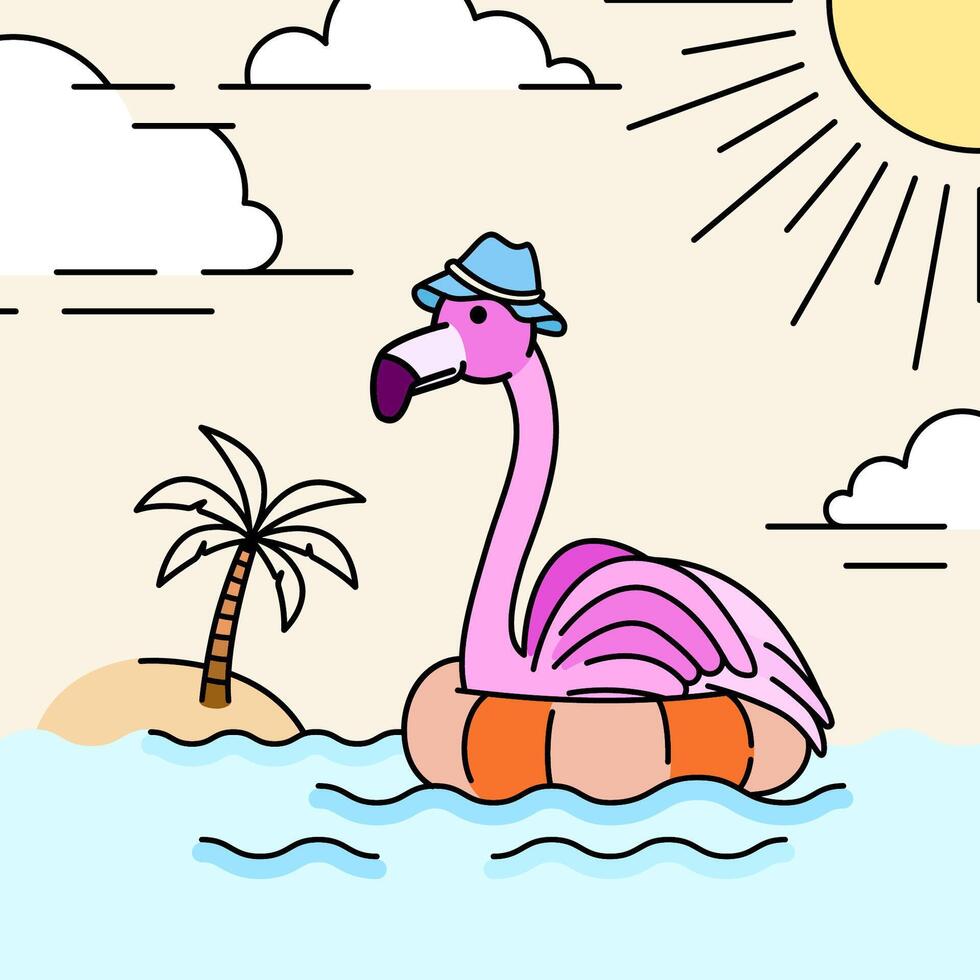 Flamingo Wearing Sun Hat Floating on a Lifebuoy in the Scorching Heat of a Tropical Beach. Can be used for tourism marketing websites, holiday promotions, and destination ads vector