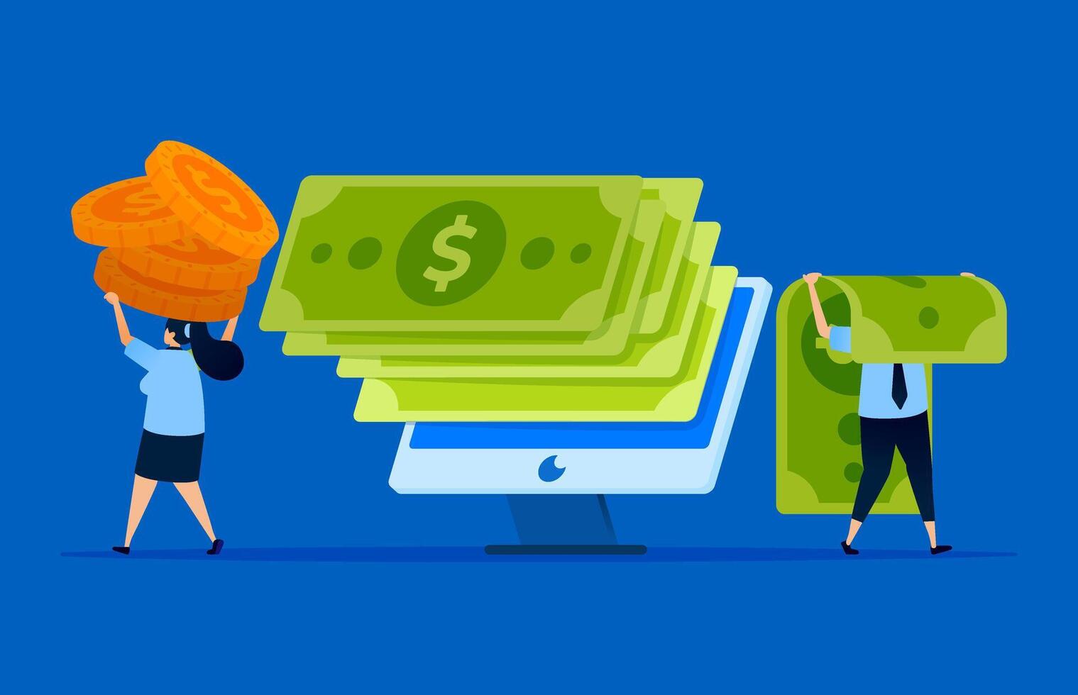 Illustration of monitors displaying piles of green paper money, financial and accounting software developed by fintech companies. Can be used for software websites, finance apps, and fintech vector