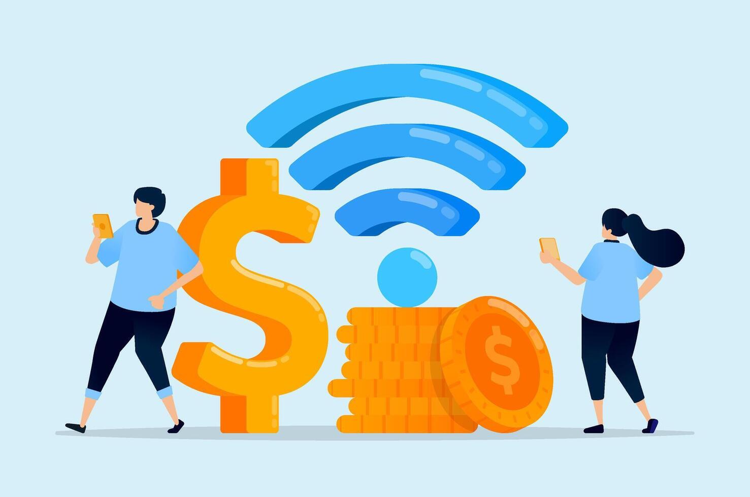 Illustration of a dollar sign and wifi in 3D form representing financial system integration with internet technology, designed for fintech platforms, banking apps, and tech websites. vector