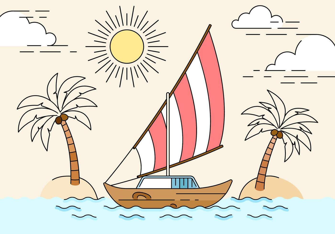 Felucca Tourist Boat Sailing Around River and Ocean by the Beach During a Summer Vacation. Can be used for tourism marketing websites, promotions, holiday destination ads vector