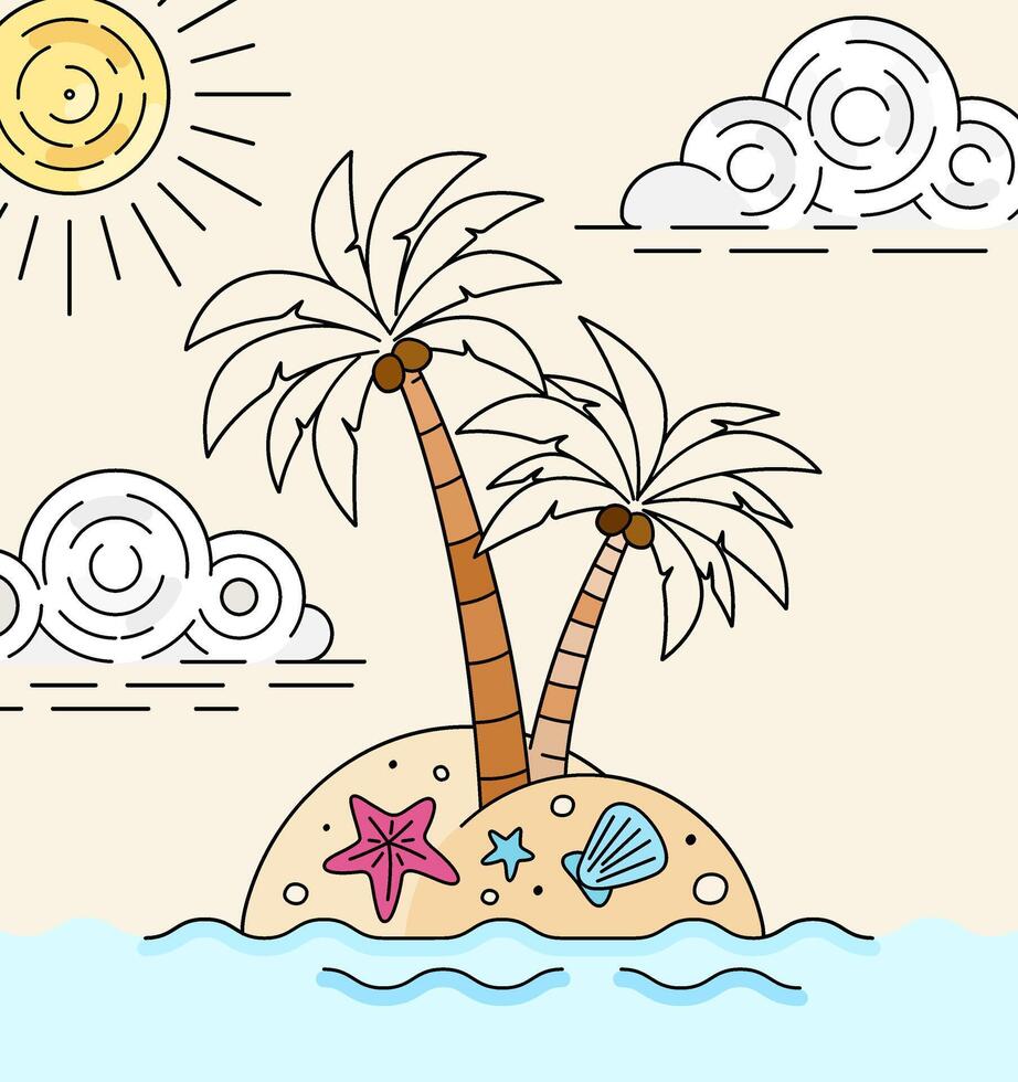 Island in the Middle of the Ocean with Coconut Trees Under the Scorching Sun for a Remote Tropical Beach Vacation During Summer. Can be used for tourism marketing websites, promotions, holiday ads vector