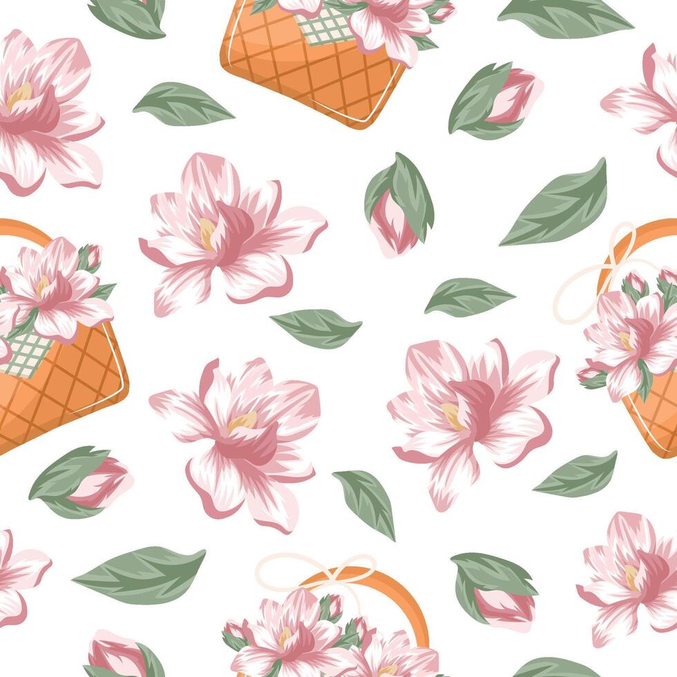 pattern with a woven straw basket with pink magnolia flowers and a bouquet of buds, for various designs vector