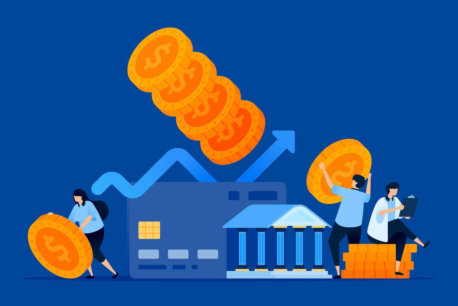 Illustration of financial transaction growth using credit cards, with upward arrows on statistics and piles of money. Can be used for payment apps, banking services, and investment reports. vector