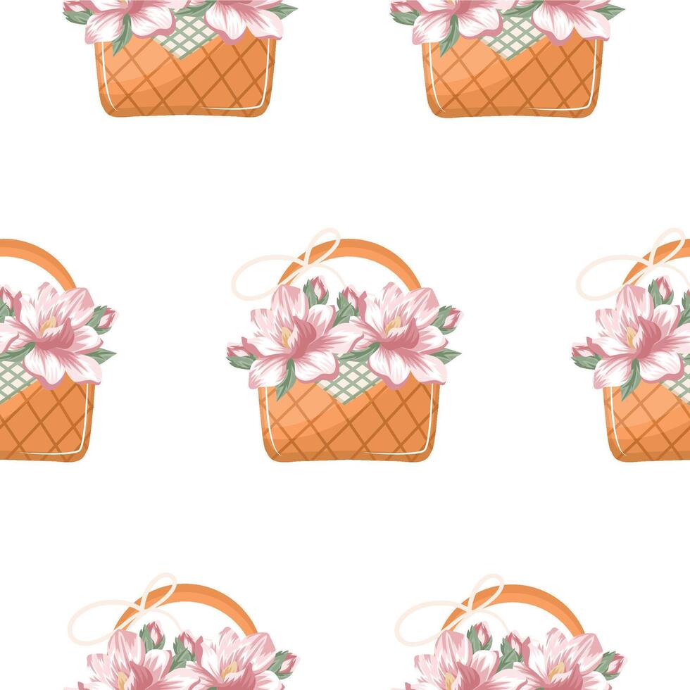 pattern with a woven straw basket with pink magnolia flowers, for various designs vector
