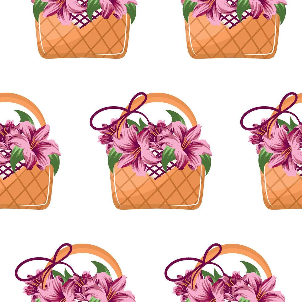 pattern with a woven straw basket with pink lily flowers, for various designs vector