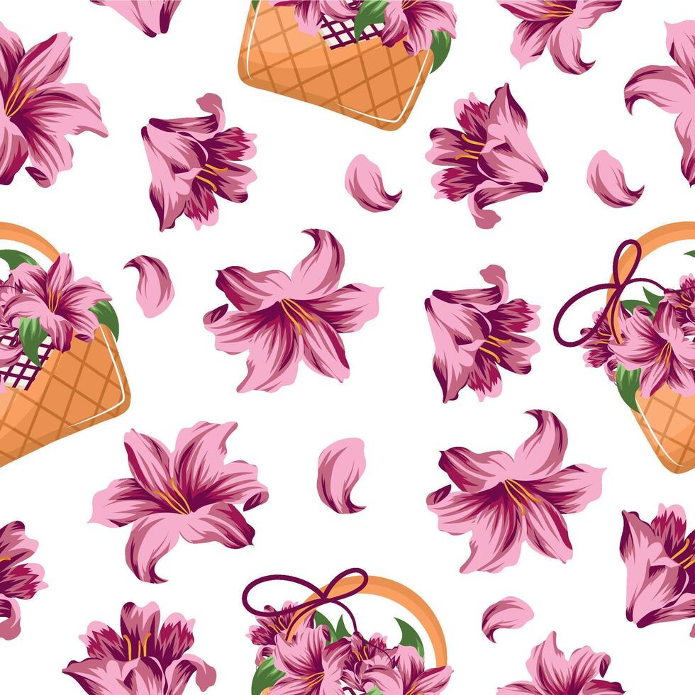 pattern with a woven straw basket with pink lily flowers and a bouquet of lilies, for various designs vector
