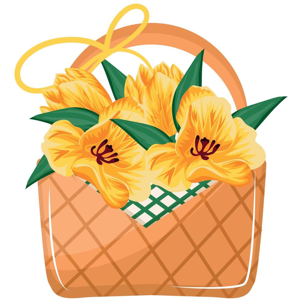 icon of a woven straw basket with spring, yellow tulips, for various designs vector