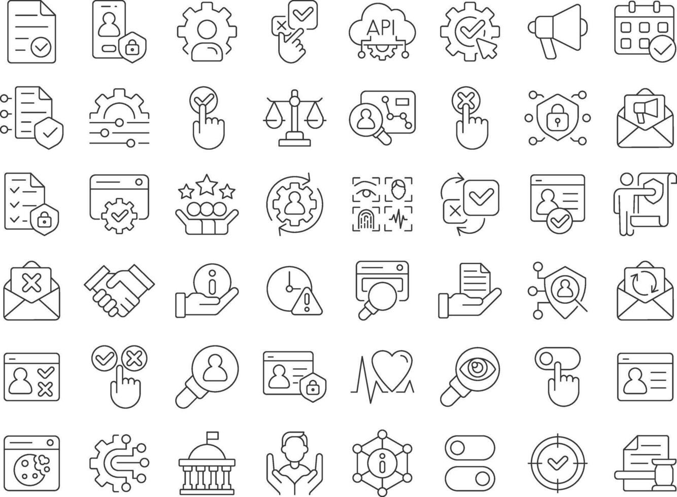 Contest management line icons set. System protecting user data online. Personal information security. Isolated outline illustrations. Thin lineart iconset symbols. Editable stroke vector