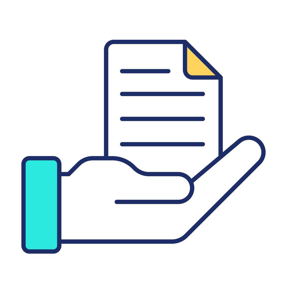 Hand hold paper line color icon. Offering legal agreement to customer. Making business deal. Document signing. Isolated illustration. Flat colorful symbol design. Editable stroke vector