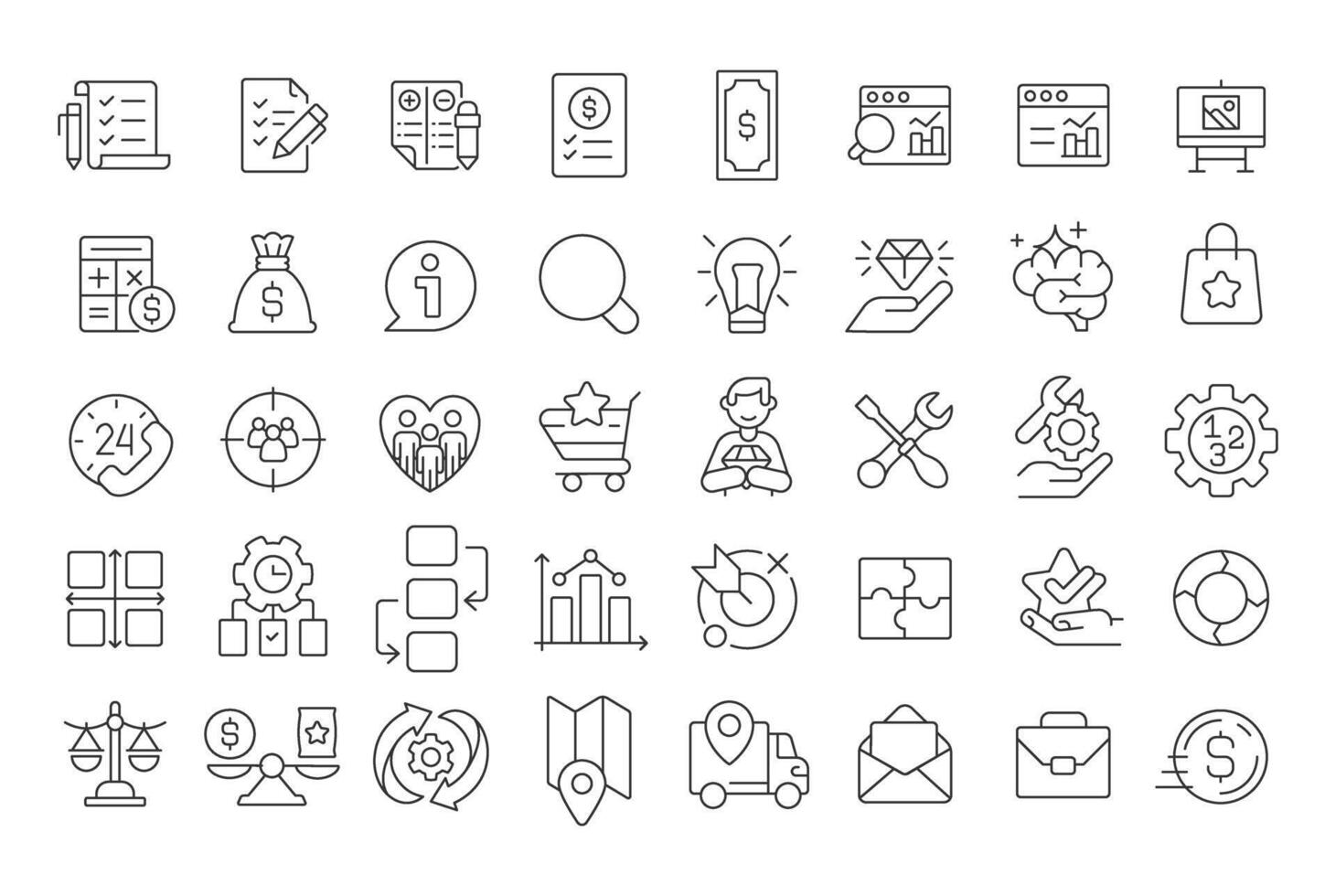 Value engineering line icons set. Statistical metrics. Economy, finance. Customer experience. Product quality. Isolated outline illustrations. Thin lineart iconset symbols. Editable stroke vector