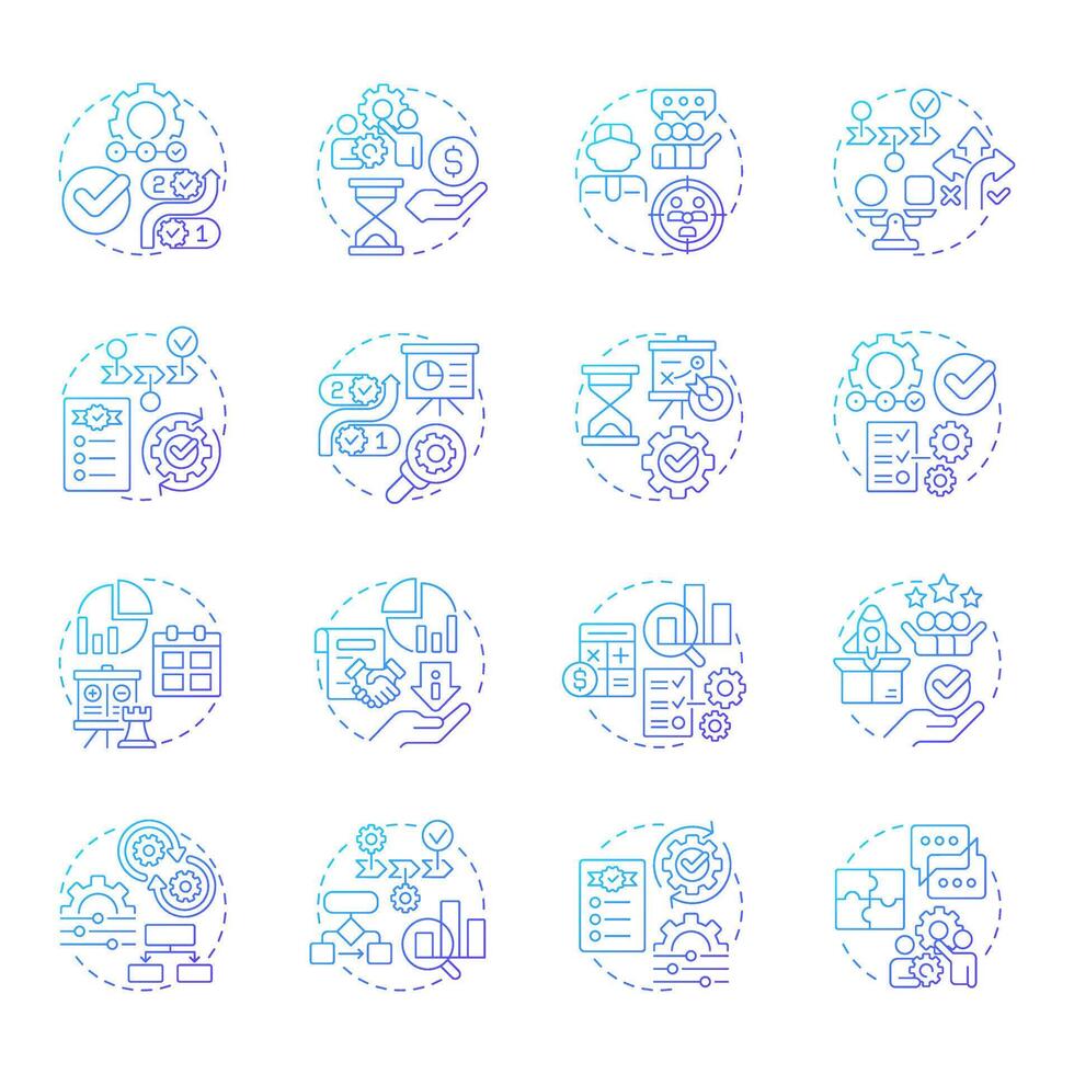 Workflow management blue gradient concept icons. Teamwork organization, customer experience. Icon pack. Round shape illustrations for advertising, marketing. Abstract idea vector