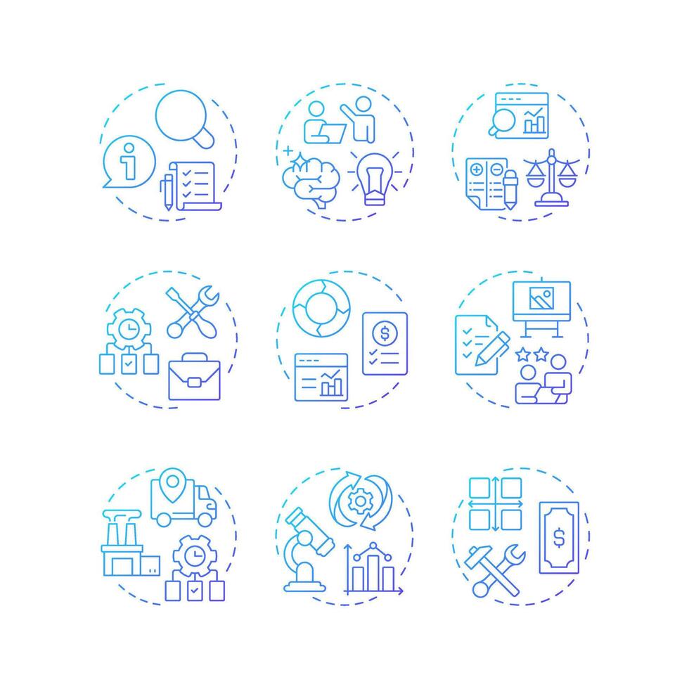 Value engineering blue gradient concept icons. Data analysis, statistical metrics. Workflow organization. Icon pack. Round shape illustrations for infographic. Abstract idea vector
