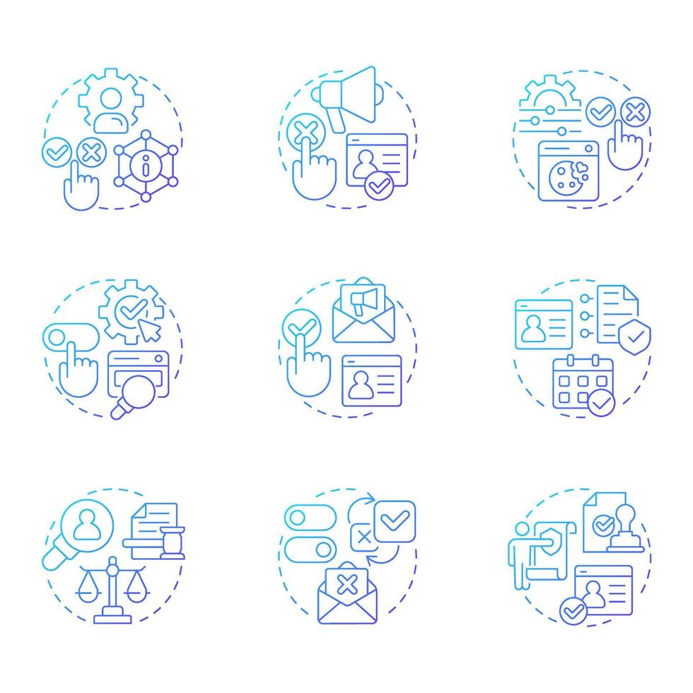 Consent management blue gradient concept icons. User agreement to process personal data. Web site cookies policy. Icon pack. Round shape illustrations for presentation. Abstract idea vector