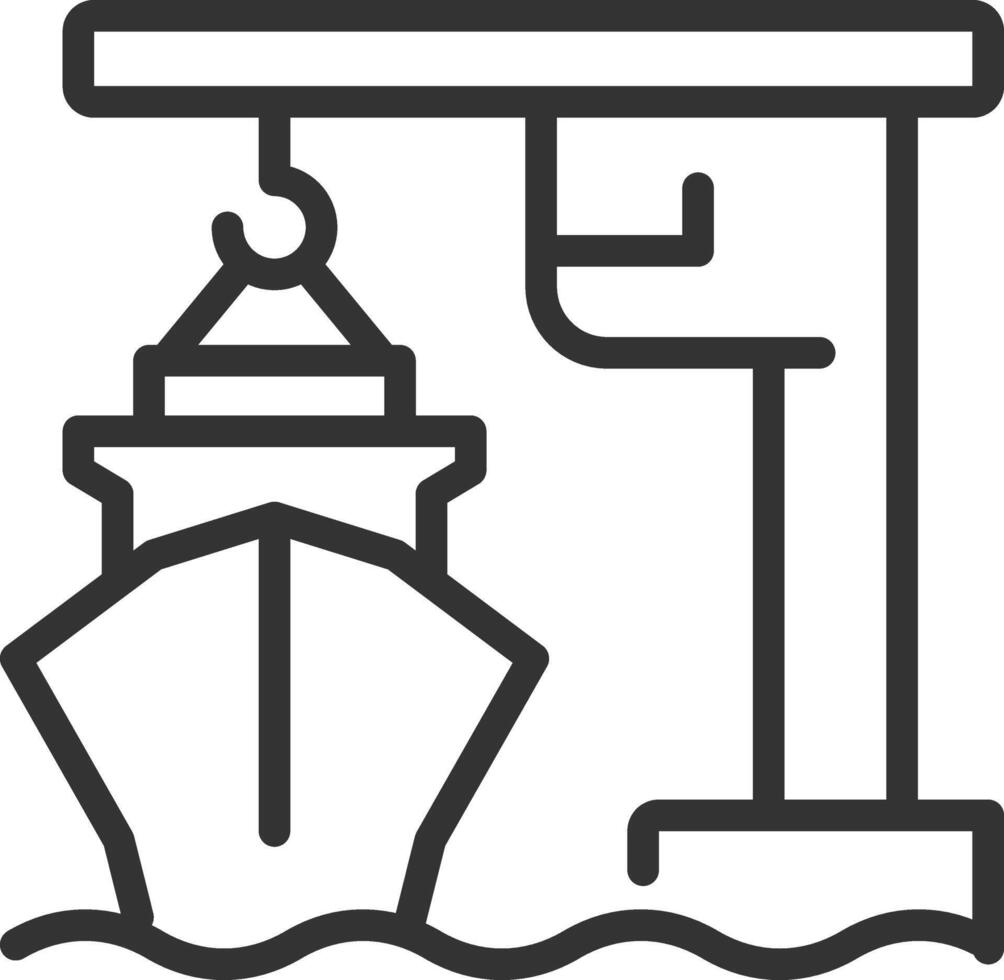 Port crane pixel perfect line icon. Lifting machine loading cargo onto ship. Freight transportation in dock. Isolated illustration. Outline symbol. Simple linear drawing. Editable stroke vector