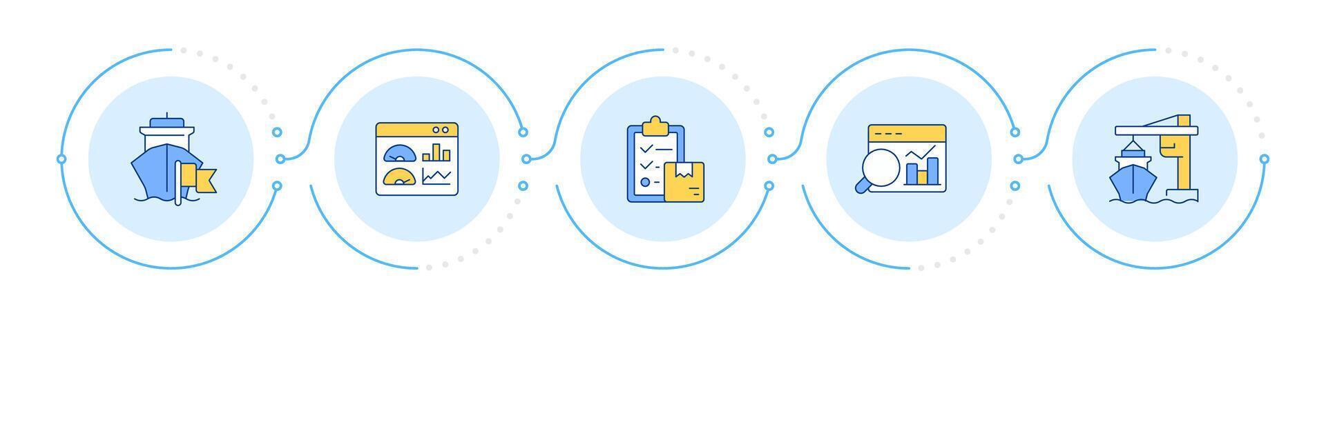 Ship management system solutions infographic 5 steps. Marine logistics regulation. Business industry. Flow chart infochart. Editable info graphics icons vector